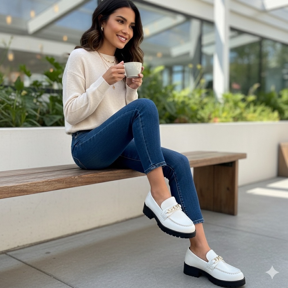 White Loafers with Metallic Accent